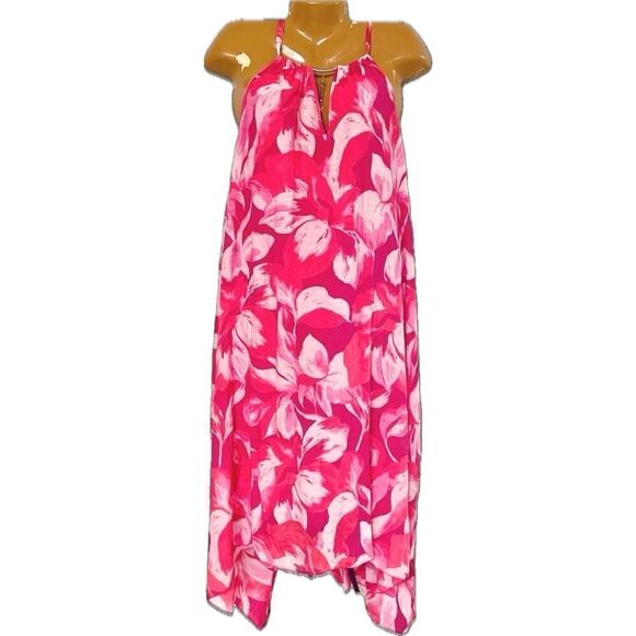 NWT Mlle Gabrielle 2X Plus Halter Pink White Floral High Low Gauzy Maxi Dress - Picture 1 of 12